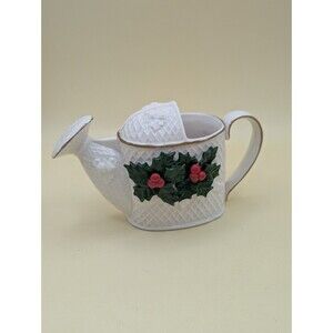 Vintage Porcelain Holiday Mini Watering Can Pitcher Vase Holly Berries Gold Trim